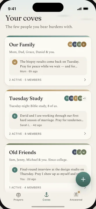Coves screen listing Our Family, Tuesday Study and Old Friends groups
