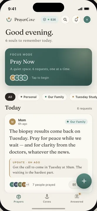 Prayers screen with the Pray Now focus card and a prayer request from Mom